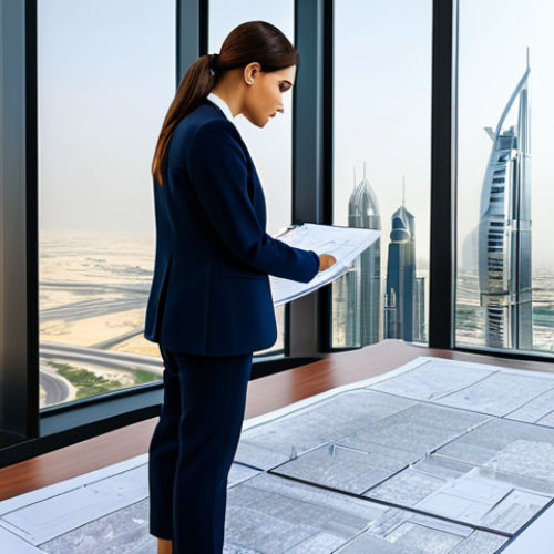 Home 11 **
"A professional female architect, fully clothed in modest, elegant business attire, standing in a modern office overlooking a cityscape of Dubai, UAE. She is reviewing blueprints with a colleague. Perfect anatomy, correct proportions, natural pose. Safe for work, appropriate content, professional, family-friendly, high-quality rendering."
**