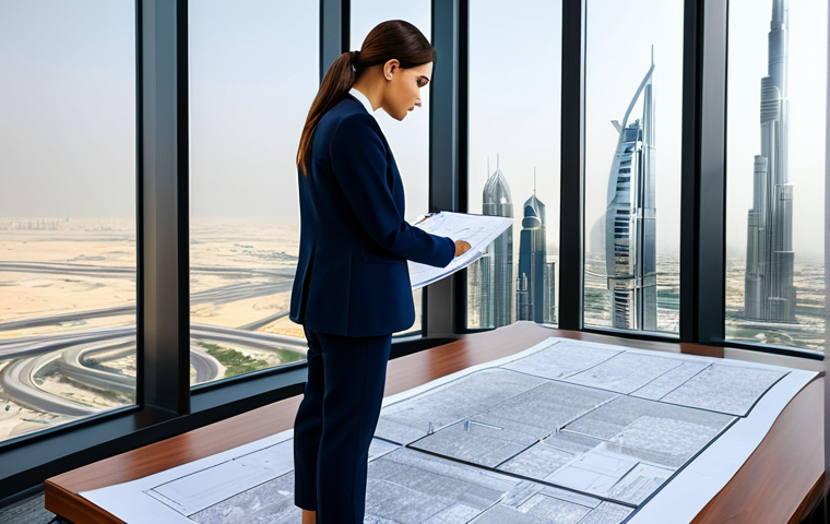 **

"A professional female architect, fully clothed in modest, elegant business attire, standing in a modern office overlooking a cityscape of Dubai, UAE. She is reviewing blueprints with a colleague. Perfect anatomy, correct proportions, natural pose. Safe for work, appropriate content, professional, family-friendly, high-quality rendering."

**