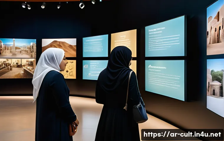 문화예술사와 디지털 아트의 접목 사례 - A modern digital museum interior showcasing interactive touchscreens and augmented reality displays,...