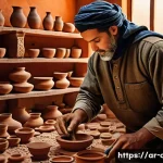 문화예술사 실무 사례 연구 - A detailed scene of skilled artisans in a traditional Moroccan workshop, dressed in modest clothing,...