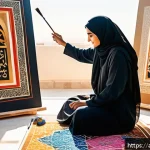 문화예술사로서의 창작 활동 - A vibrant art studio scene featuring an Arab artist painting a large canvas inspired by daily life m...