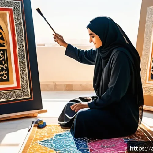 문화예술사로서의 창작 활동 - A vibrant art studio scene featuring an Arab artist painting a large canvas inspired by daily life m...