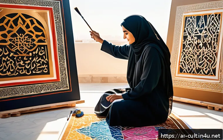 문화예술사로서의 창작 활동 - A vibrant art studio scene featuring an Arab artist painting a large canvas inspired by daily life m...