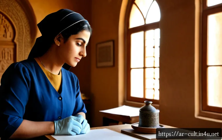 문화예술사로 일하며 얻은 교훈 - Photorealistic Arab female cultural arts historian in modest professional attire examining an ancien...